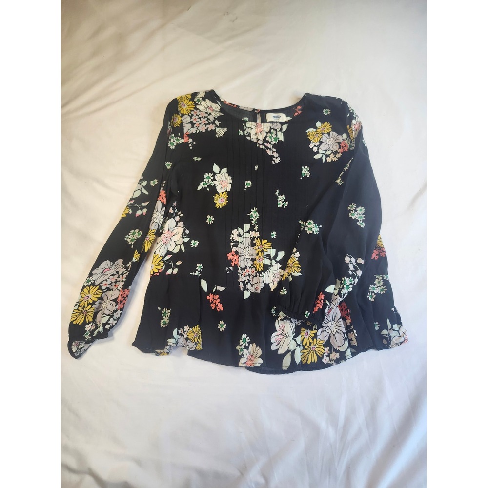 Old Navy Womens Black Floral Pintuck Peplum Blouse Long Sleeve Top M